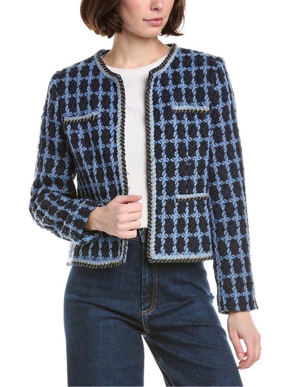 Nanette Lepore Steel Blue Multi Check Tweed Blazer Jacket Medium